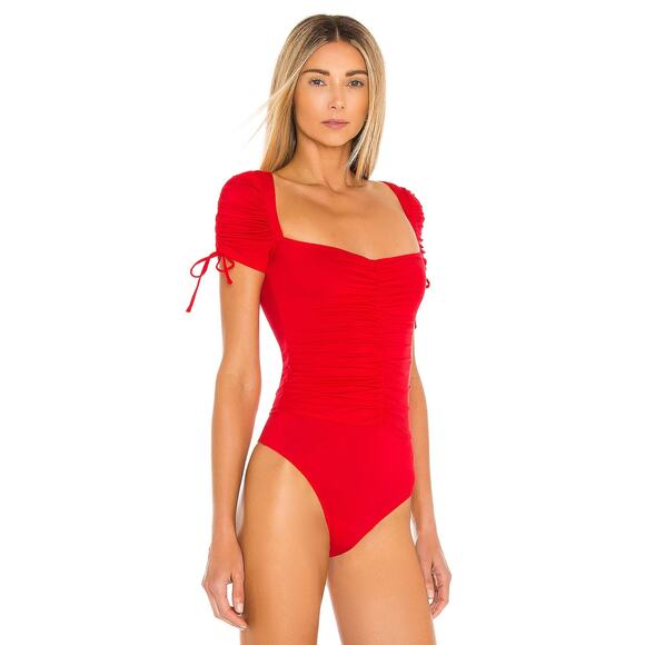 Lovers & Friends Jupiter Bodysuit Red‎ Front Ruched Sz S Pull On Short Sleeve - Picture 3 of 13
